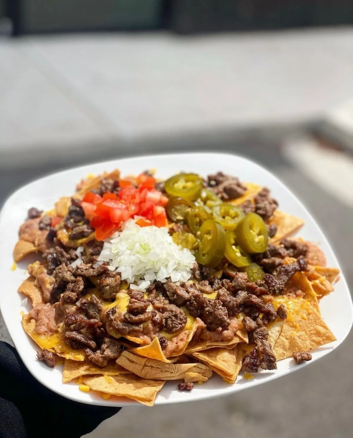 Bistec panchos with crispy tortilla chips, beef steak, beans and cheese from Loredo's Tortilleria